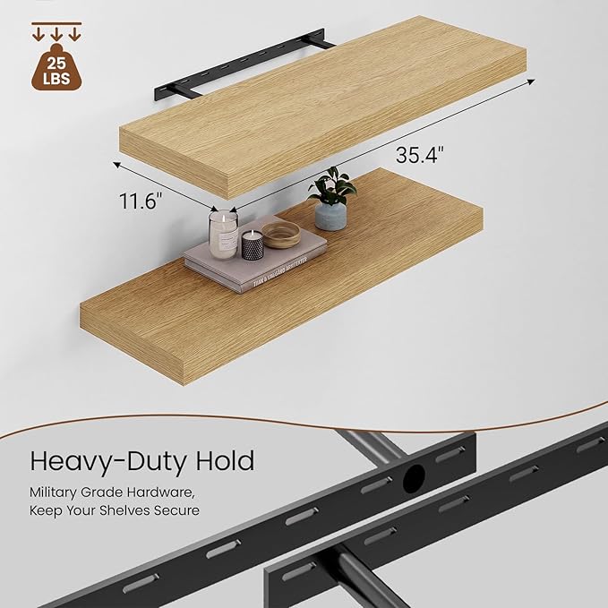 Heimlove 36 Inch Wall Shelf Bathroom Shelves Set of 2, 12" Deep Floating Shelves for Wall, Wall Mounted Shelves for Books Living Room Laundry Room Bedroom Kitchen Home Office, Oak