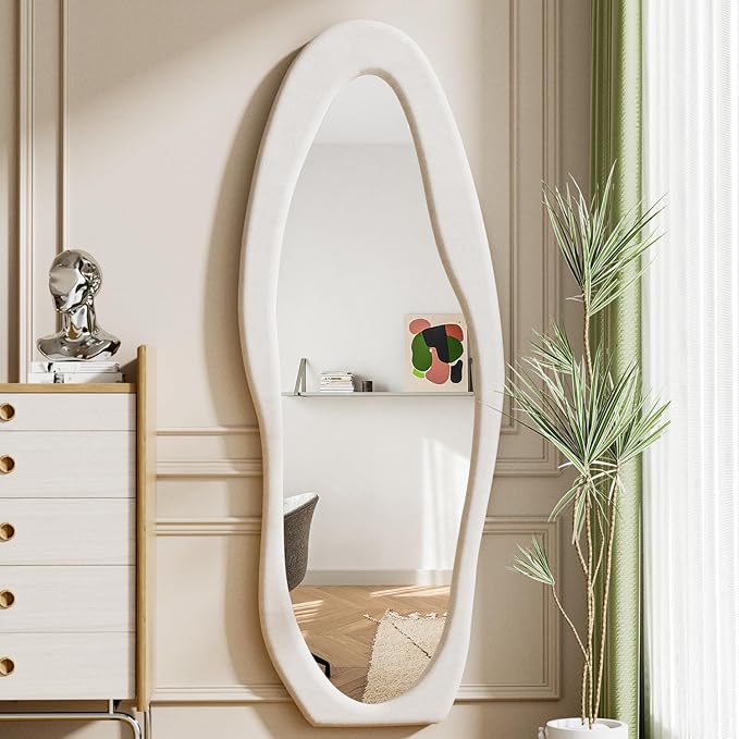 Dewfig Full Length Mirror, 63" x 24"Irregular Mirror, Large Floor Length Mirrors Wall Mounted, Standing Mirrors with Flannel Wrapped Wooden Frame for Bedroom/Living Room, White