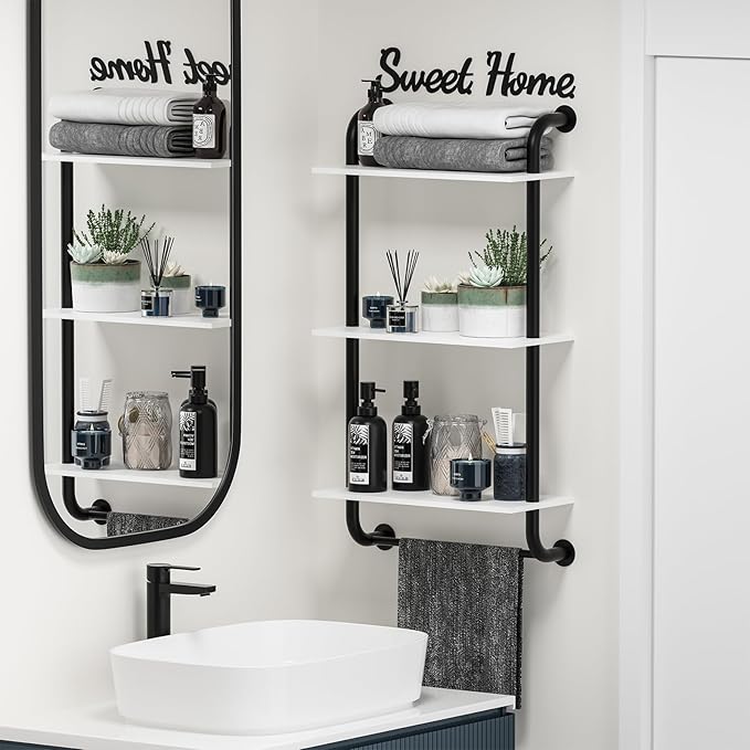 Tinpin Wall Shelves 3-Tier, Bathroom Shelves Over Toilet, Rustic Industrial Pipe Shelf, Farmhouse Bathroom Decor, Floating Shelf Wall Decor for Bedroom, Living Room 17.3 inch, White