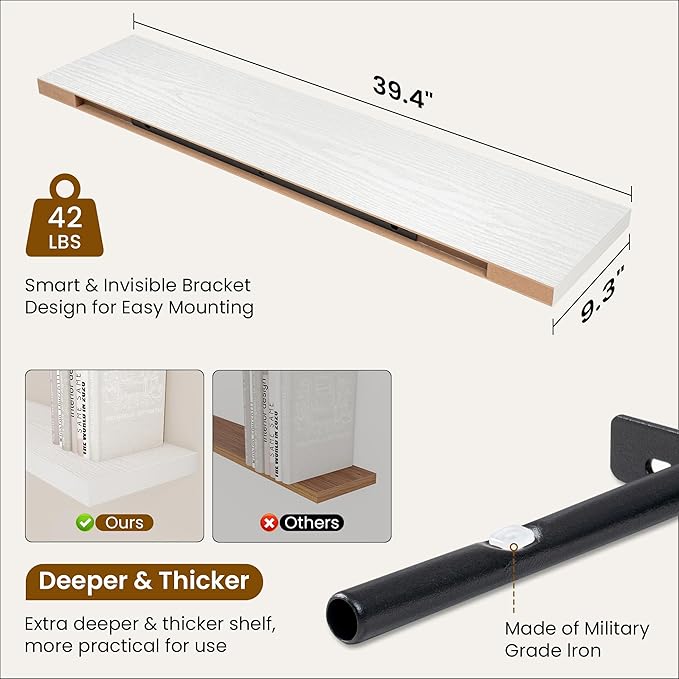 Fun Memories 40 Inch White Floating Shelves, 9.3 Inch Deep Wall Shelves for Living Room|Bedroom|Kitchen, Rusitc Wall Mounted Bathroom Shelves 2 Pack, Heavy-Duty Deep Shelf for Books，Decor
