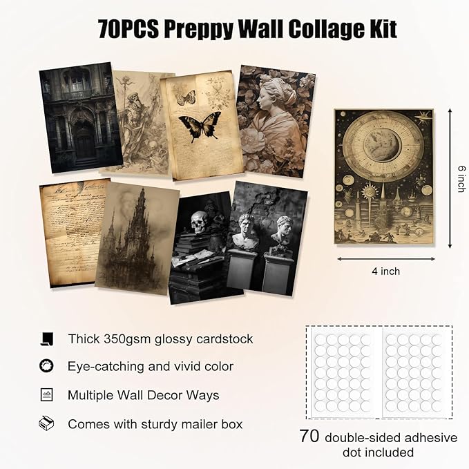 KBKBART 70pcs Dark Academia Wall Collage Kit, Vintage Poster Wall Decor, Retro Style Dark Aesthetic Room Decor, Light Academia Photo Collage Kit 4"x6" Aesthetic Picture, Gothic Home Decor for
