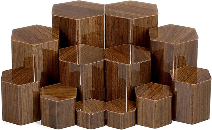 Jetec 12 Pcs Acrylic Display Risers Hexagonal Jewelry Display Stands Perfume Jewelry Showcase Acrylic Jewelry Display Organizer for Collectible Figures Jewelry Display, 6 Sizes(Brown)