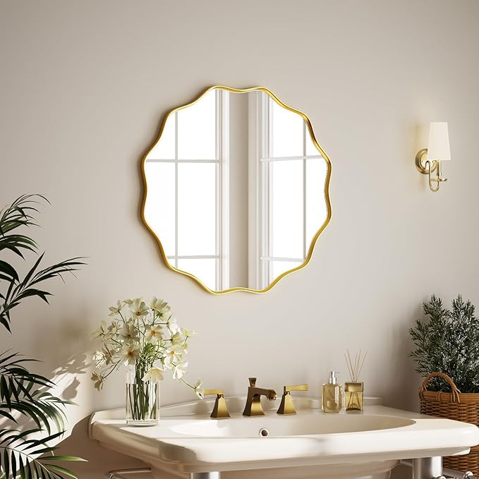Round Wavy Mirror - 24 Inch Bathroom Vanity Mirror Metal Frame Circle Wall Mounted Mirror for Bedroom Living Room Entryway, Gold