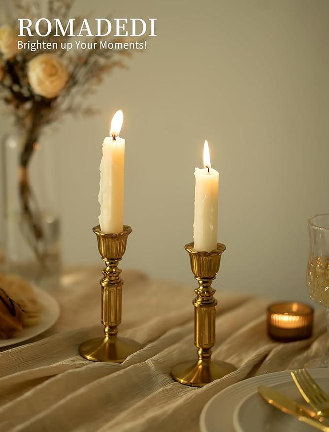 Gold Candle Holders Vintage Decor - Romadedi Solid Brass Candlestick Taper Holder for Wedding Christmas Table Centerpiece Mantel Home Decoration 5.5 Inch Set of 6