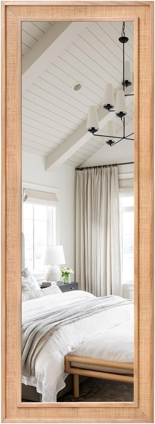 Rattan Full Length Mirror,18"x48" Long Rattan Wall Mirror,Wooden Mirror with Wicker Frame,Decorative Full Body Mirror Hanging,Farmhouse Rectangle Floor Mirror for Bathroom Living Dressing Room Nature