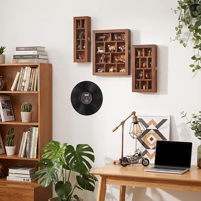 DoubleFill Set of 3 Wooden Trinket Display Shelf Shadow Box with Shelves 10 x 15 Inch Large Wall Mounted Display Storage Mini Figures Curio Trinket Medals Crafts Collections(Brown,Box Shape)