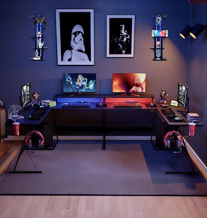 Homaterial RGB Wall Shelves for Gaming Room & Display, 5-Tier Unique Staggered Floating Shelves with Lights & Remote, Vertical MDF Shelf for Collectibles, Room Decor, Black