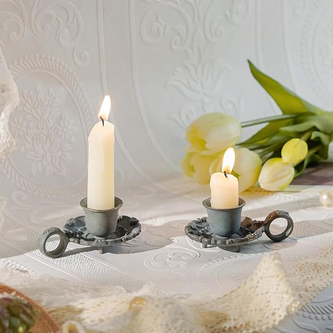 NIKKY HOME Mini Taper Candle Holders Set of 2, Rustic Metal Candlestick for Table Centerpieces, Wedding Decor and Dinner Party, Blue