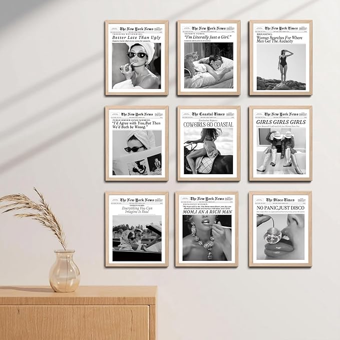 Bwodke OAK Wood Framed Wall Art No Panic Just Disco Canvas Art Vintage Newspaper Headline Pictures Wall Decor Trendy Cherry Disco Ball Prints for Girly Dorm Bedroom 8"x10"