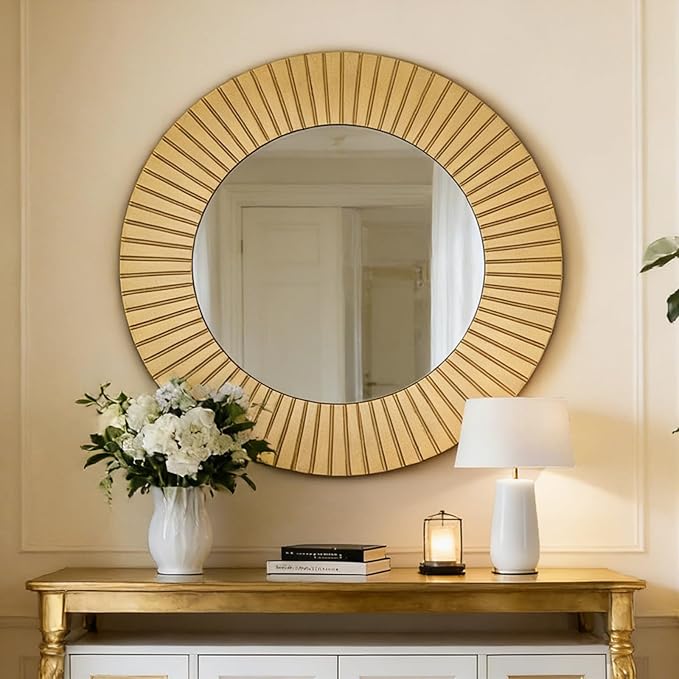 Chende 42'' Round Gold Mirror for Living Room, Large Decorative Mirror for Wall with Wood Frame, Elegant Accent Gold Mirrors for Bathroom, Entryway, Bedroom