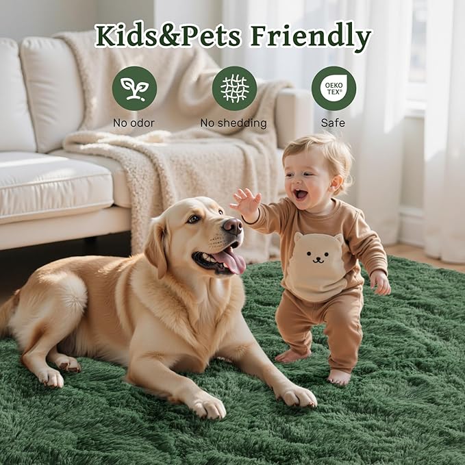 Green Area Rugs for Bedroom Fluffy 4x6 Shag Rug,Plush Living Room Grass Carpet for Kids Teens Indoor Classroom Home Decor Aesthetic