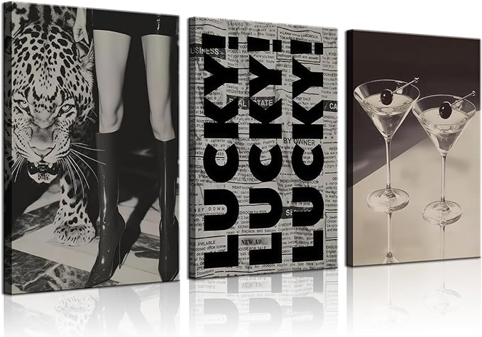 Trendy Leopard Canvas Wall Art Fashion Cheetah Lucky Martini Wall Decor Pictures Funky Vintage Preppy Luxury Aesthetic Posters Prints for Girly Bedroom Apartment Dorm Decoration 16x24in