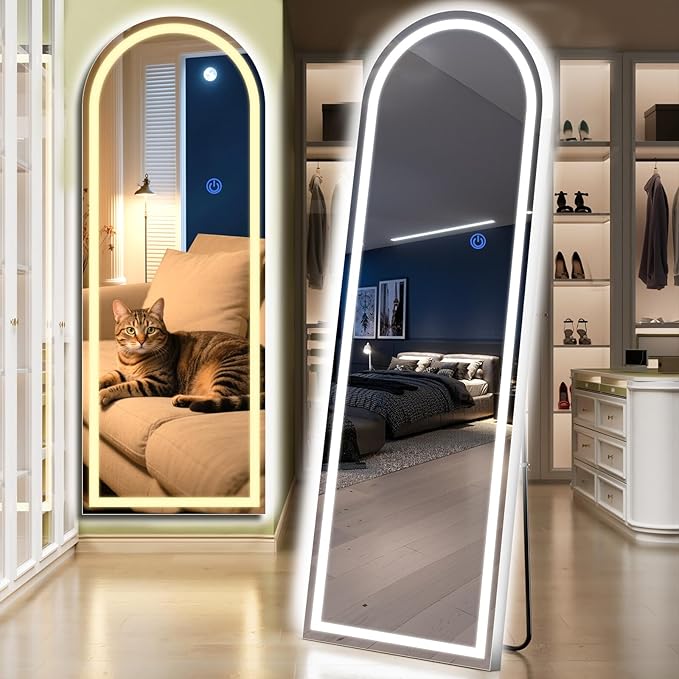Arch Full Length Standing Mirror with LED Lights, 68"x26" Lighted Mirror with Dimming & 3 Color Lighting, Tall Mirror Full Body for Bedroom, Dressing Room