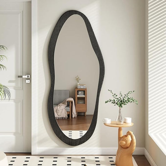AAZZKANG Irregular Wall Mirror Full Length with Wood Framed Large 47"x20" Black Asymmetrical Full Body Mirrors for Bedroom Living Room Entryway