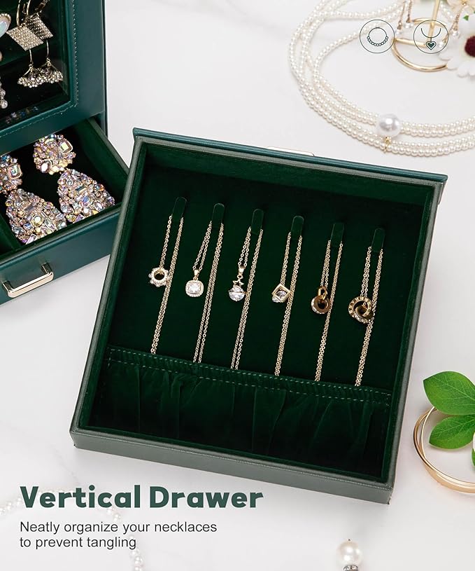 Homde Mothers Day Gifts Jewelry Organizer Girls Women Jewelry Box for Necklaces Rings Earrings Gift Bracelets Storage Case (Forest Green + Gold)