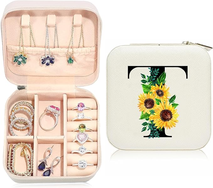 Sunflower Jewelry Case,Sunflower Gifts for Women,Initial T Travel Jewelry Box,Valentine's Day Gift Easter Personalized Gifts for Teen,Mom,Wife,Bridesmaids,21st Birthday Gift for Her