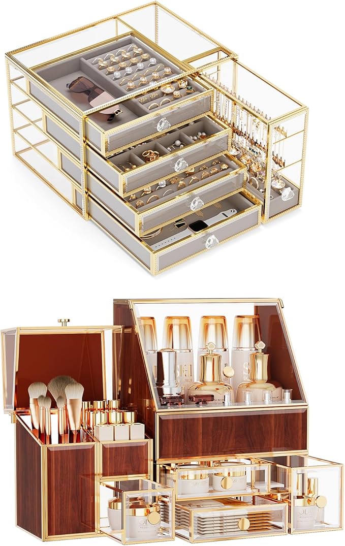 Youdepot Tempered Glass Makeup Organizer Countertop 5-Drawer Jewelry Box - Large Velvet-Lined - Multi-Functional jewelry organizer,Skincare Storage for Vanity and Bathroom Countertop