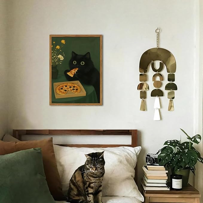 Funny Black Cat Wall Art Whimsical Black Cat Eating Pizza Wall Decor Cute Animal Dark Green Kitchen Poster Canvas Prints for Bedroom Living Dining Room 16x24 inch Wood Framed
