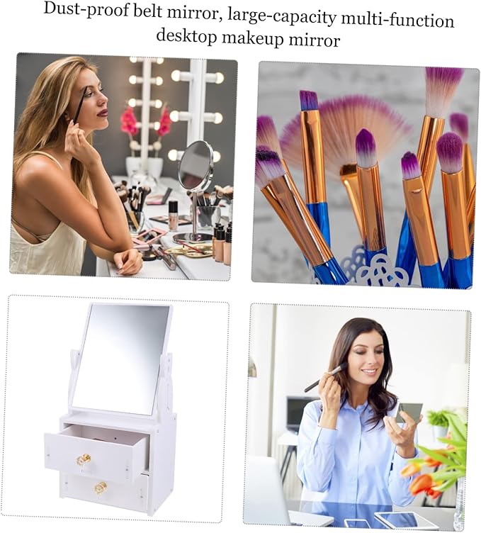 Baluue Large Capacity Storage Box Desktop Mirror Makeup Organizer Stable Vanity Mirror for Shaving Dressing