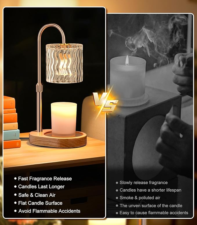 Candle Warmer Lamp Electric: Dimmable Timer Candles Warming Lamps - Height Adjustable Burner Jar - No Flame Scented Melts Wax - All Candle Jars Table Light Home Decor