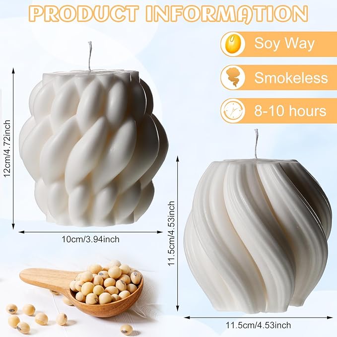 Threlaco 2 Pcs Decorative Pillar Candles Modern Aesthetic Knot Ball Swirl Candles Scented Soy Wax Ribbed Decor for Home Shelf Table Room Decor Christmas Holiday Housewarming Gift