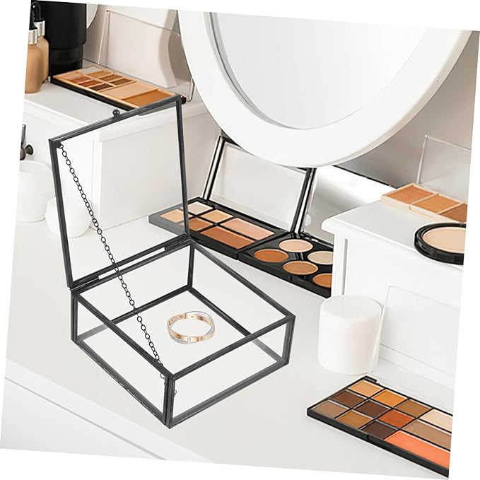 Clear Glass Jewelry Organizer Portable Jewelry Case with Alloy Frame Elegant Lipstick Storage and Cosmetic Holder for Women Birthdays Christmas and Special Occasions