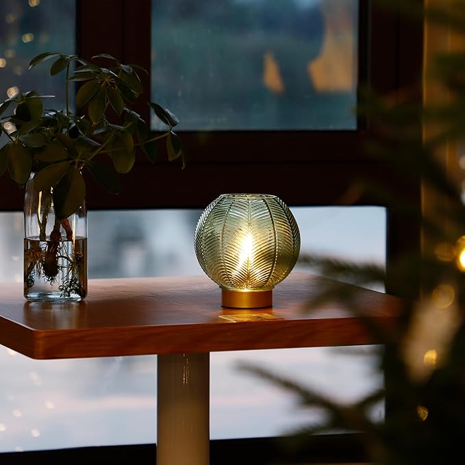LUSHARBOR Battery Operated Lamp with Timer, Decorative Green Glass Table Lamp Cordless, Small Ambient Lamp for Bedside Bedroom Living Room Decor -Green
