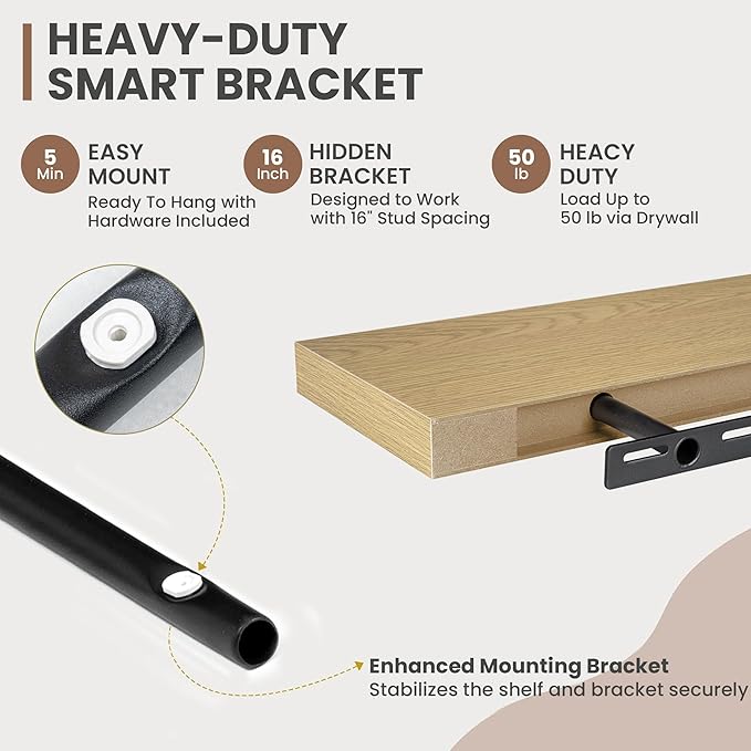 Acovy 55 Inch Floating Shelves, 8 Inch Deep Floating Shelves for Wall, Hanging Shelf with Invisible Brackets, Deep Shelves for Bathroom, Bedroom, Living Room, Oak, Set of 1
