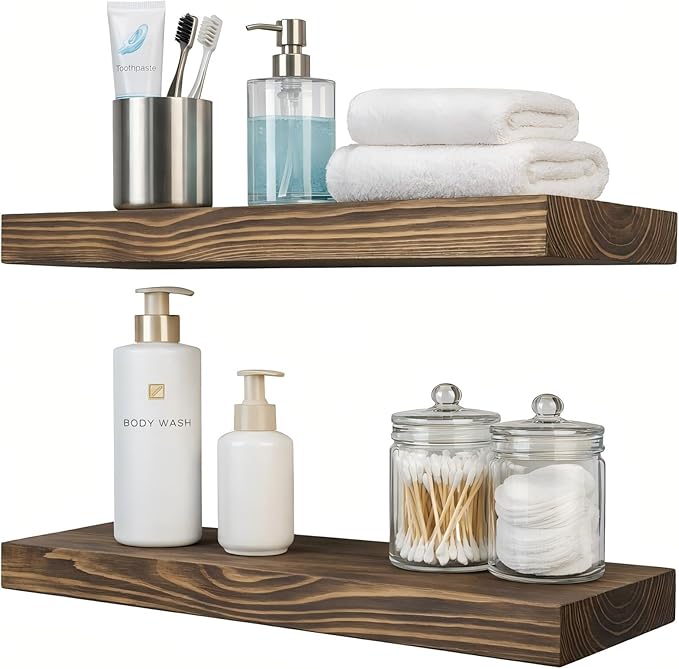 24 Inch Floating Shelves,8-in Deep High-End Solid Wood Floating Shelves for Wall Set of 2,Rustic Walnut Wall Shelves for Bathroom Bedroom Kitchen, with Sturdy Hidden Bracket, Walnut Finish