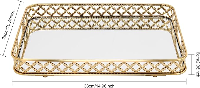 12.6 Inch Gold Mirrored Vanity Tray,Metal Mirror Decorative Jewelry Storage Tray with Handle,Perfume Makeup Organizer Trays for Dresser Bathroom Counter Home Decor