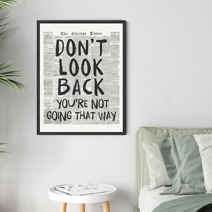 Licpach Retro Black White Newspaper Wall Art Don’t Look Back You’re Not Going That Way Motivational Poster Positive Canvas Print Aesthetic for Office Bedroom Inspirational Decor 8x12inch Black Frame