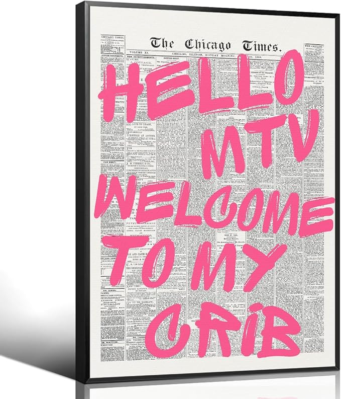 Pink Hello MTV Welcome To My Crib Quote Poster, Vintage Black White Newspaper Canvas Wall Art, Trendy Typography Print Picture, Charming Positive Dorm Bedroom Wall Decor 12x16in Wrapped Canvas