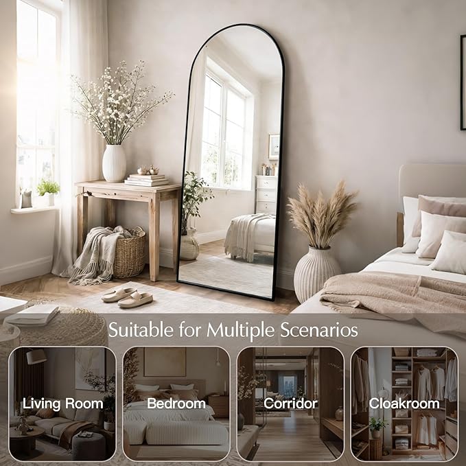 SUNQUEEN 59"x16" Floor Mirror Full Length, Arched Full Length Mirror with Stand, Full Body Mirrors for Bedroom Living Room or Cloakroom Black