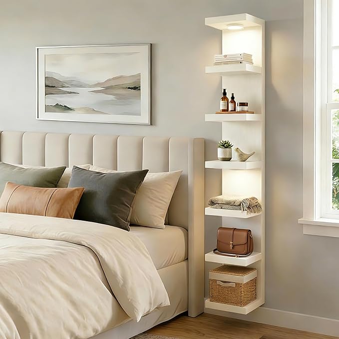 Fixwal Wall Shelf Unit 7 Tier White Wall Mounted Lack Shelf with LED Lights for Home Decor Organizer
