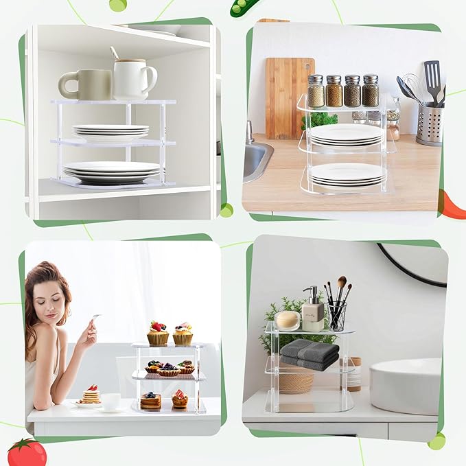 Vicenpal 3-Tier Plate Organizer for Cabinet, Clear Acrylic Corner Shelf for Dishes Bowls, Corner Rack for Kitchen Counter, Bathroom Storage, 10" D x 10" W x 8.82" H