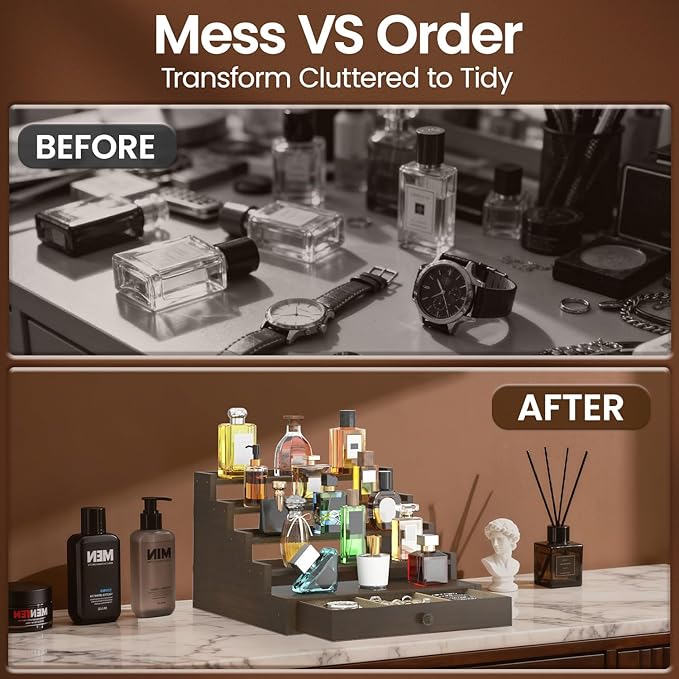 MODOWEY Perfume Organizer Cologne Holder Stand for Men, Wooden Wide-Spaced Shelf with Drawer, 5 Tier Large Capacity Storage Rack for Dresser Countertop, for a Neat, Accessible Fragrance Display, Brown