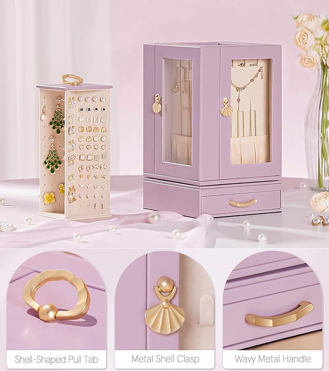 Enthralite Jewelry Box Large for Dresser: Women Necklace Ring Storage Organizer with Compartments - Elegant Earring Holder Display - 360° Rotating Jewelry Organizer with Glass Door