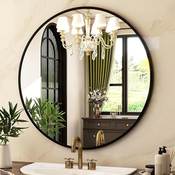 HARRITPURE 28" Round Mirror - Black Bathroom Mirror Circle Wall Mirror with Brushed Aluminum Alloy Frame Modern Decor for Living Room, Vanity, Bedroom, Entryway