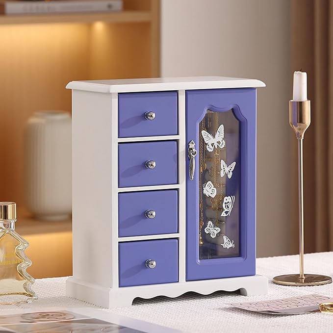 Wooden Jewelry Box, Solid Jewelry Organizer Makeup and Organizer Women Ring Storage with 4 Drawers, Wood Jewelry Case with Mirror for Necklaces Earring Rings, Purple