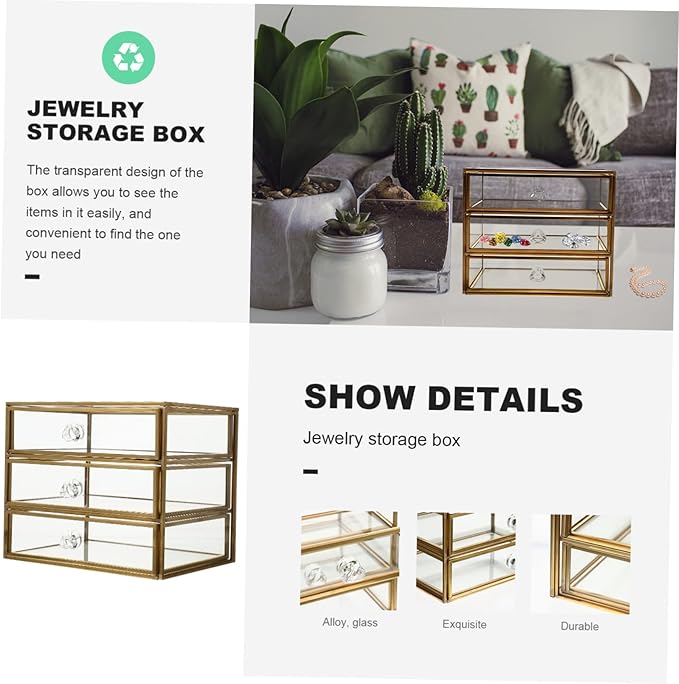 3-Tier Drawer Jewelry Storage Box Glass Organizer Alloy Frame for Necklaces Bracelets Earrings and Cosmetics for Home or Travel