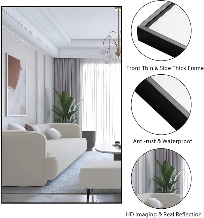 NeuType Full Length Mirror Floor Mirror, Long Mirror Full Body Dressing Mirror, Large Wall Mirror Bathroom Mirror Standing Mirror, Large Mirrors for Bedroom, Metal Frame, Black 51"x31", No Stand