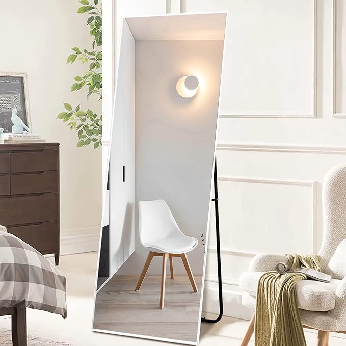NeuType Full Length Mirror, 55"x16" Full Body Mirror with Stand Floor Mirror Full Length Standing Mirror Wall-Mounted Mirror Hanging or Leaning Against Wall Aluminum Alloy Thin Frame (White)