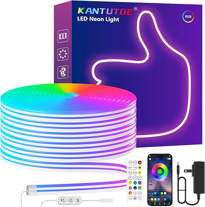 KANTUTOE LED Neon Rope Lights, 23ft RGB LED Light Strip, 24V Music Sync App/Remote Control DIY Rope Light, IP67 Waterproof Gaming LED Neon Strip Lights for Bedroom Indoor Oudoor Décor