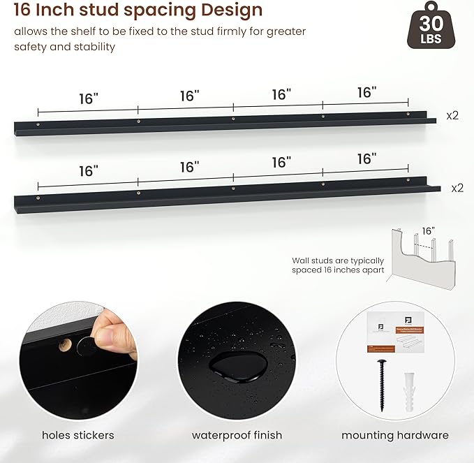 Axeman 72 Inch Floating Shelves | Black Picture Ledge Shelf Set of 4 | Rustic Wood Wall Shelves with Lip | 72" Black Picture Shelves for Wall with Ledge | Photo Shelves