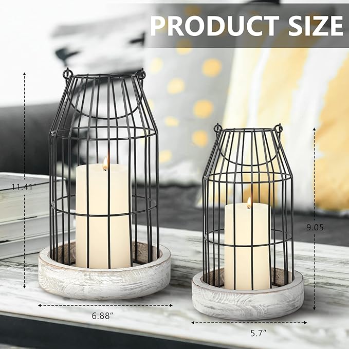 Rustic Wire Metal Cloche Set of 2 Candle Lantern Decorative Indoor Outdoor Vintage Cage Candle Holders Modern Farmhouse Decor for Fireplace Mantle Entryway Living Room Kitchen Dining Table Centerpiece