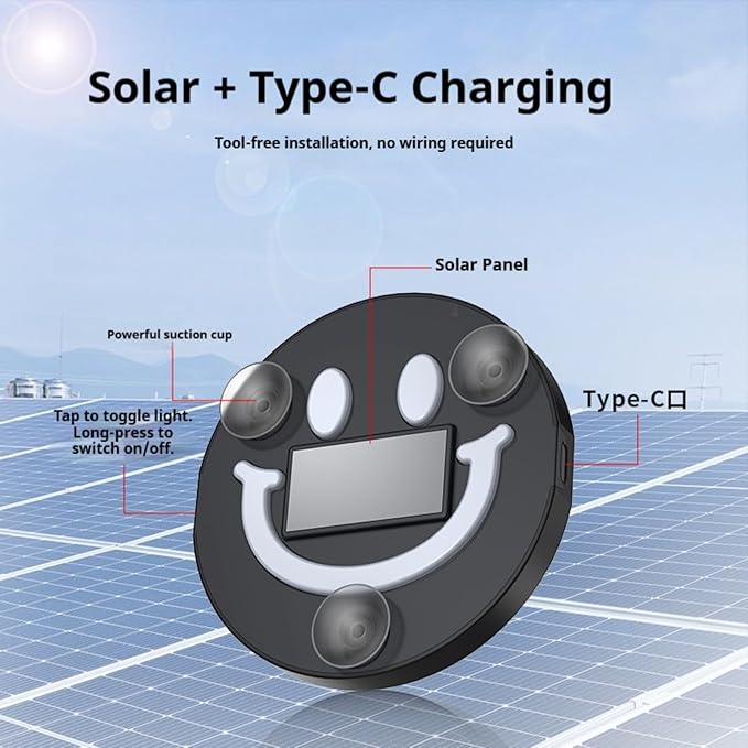 Solar Powered Car LED Ambient Light, Cute Neon Smiley Lights for Car Interior with 5 Modes, Wireless Auto Atmosphere Lamp for Back Window Decoration & Romantic Gifts (1)