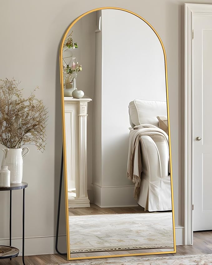 Full Length Mirror, 58"x21" Arched Floor Mirror Freestanding, Floor Standing Full Body Mirror with Stand for Bedroom, Hanging Mounted for Living Room Cloakroom, Gold