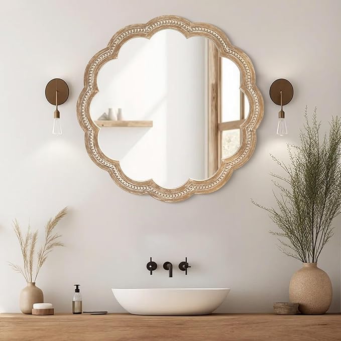 24 Inch Round Wall Mirror, Antique Brown Solid Wood Frame with Scalloped Edge & Beaded Trim, Vintage Farmhouse Mirror for Bathroom, Bedroom, Living Room