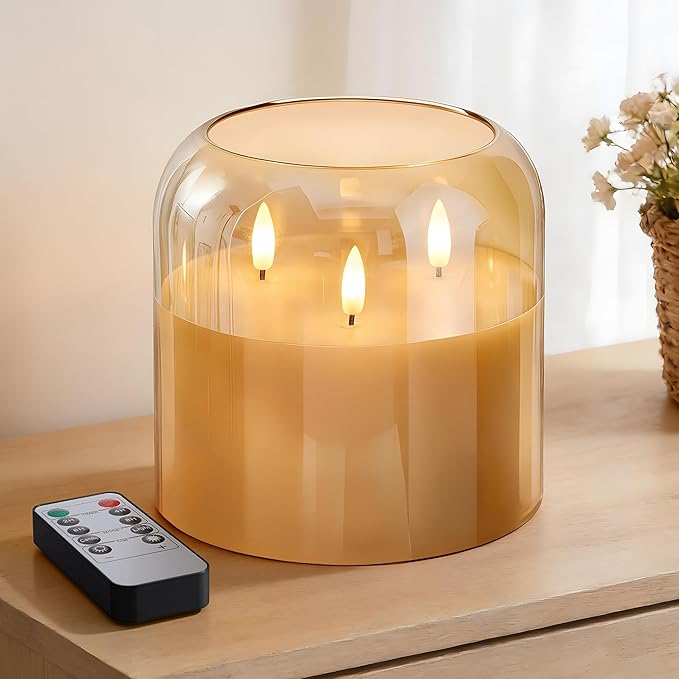3 Wick Glass Flameless Candle with Remote and Timer, 6"x6" Extra Large Real Wax LED Pillar Candle Battery Operated with 3D Flickering Flame for Festival Wedding Home Party Decor (Gold)