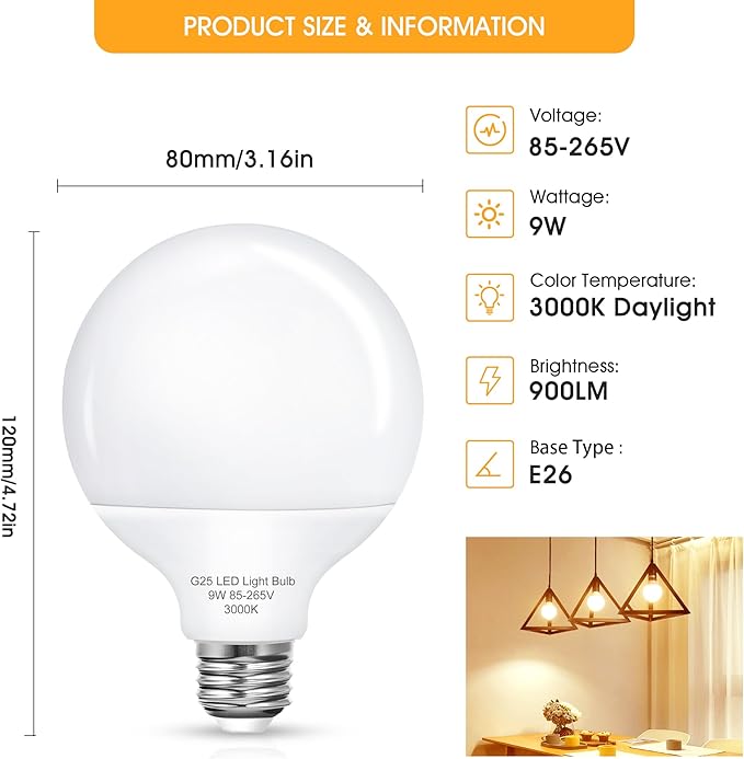 Flaspar Vanity Light Bulbs for Bathroom, G25 LED Globe Light Bulb 100 Watt Equivalent, 3000K Warm White LED Bulbs E26 Medium Base for Mirror Makeup Chandelier Lighting, Non-dimmable, 4 Pack